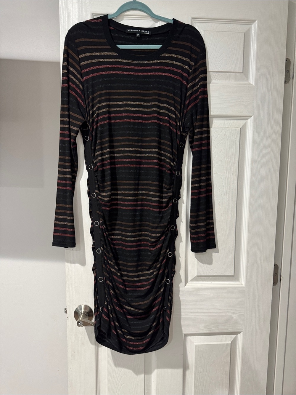 Veronica Beard Black Striped Long Sleeve Grommet Ruched Dress size xl